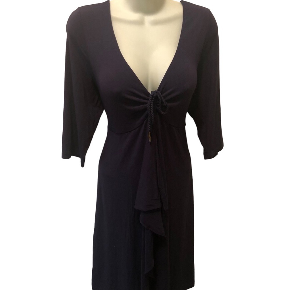 Tommy Bahama Navy Blue Midi Jersey Knit Dress Size L Tied Bust Waterfall Skirt